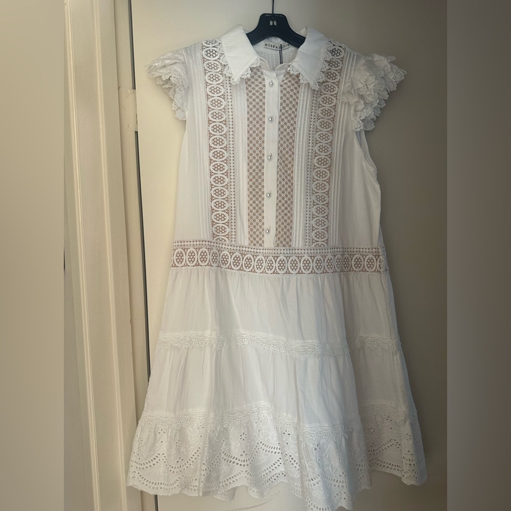 Alice + Olivia MEEKO EMBROIDERED RUFFLED SLEEVE SHIRT DRESS NWT WHITE SZ 10 - Picture 5 of 8